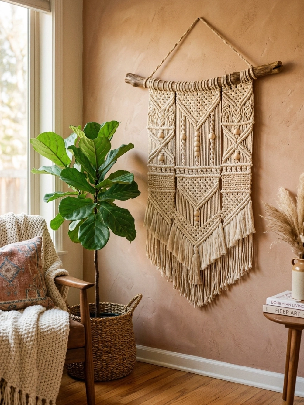 Macrame wall hanging with wooden dowel and tassels beside a fiddle leaf fig tree in a wicker basket