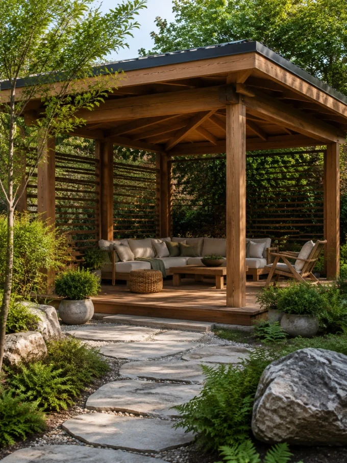 A warm timber gazebo with a black roof, straight beams, and natural textures, furnished with a sectional sofa, coffee table, and chairs, surrounded by greenery and stone pathways.