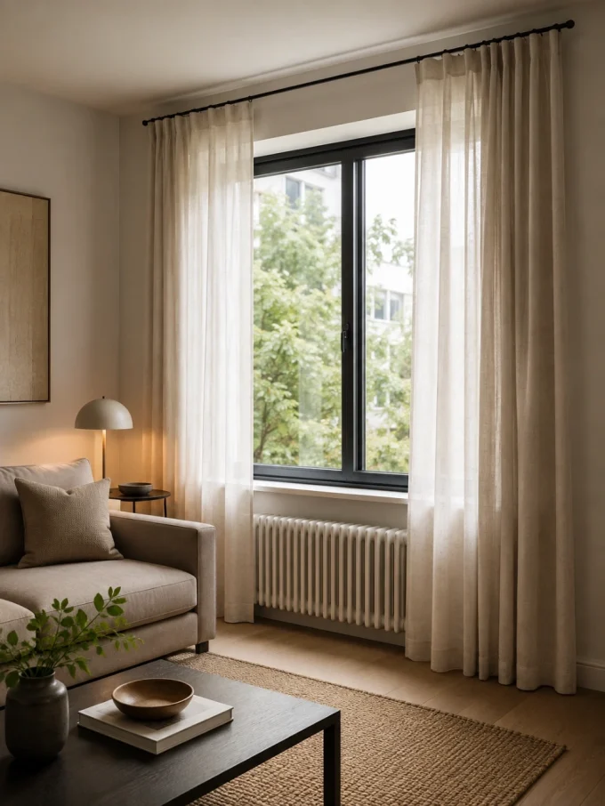 Sheer curtains beside a window with black frame and radiator below