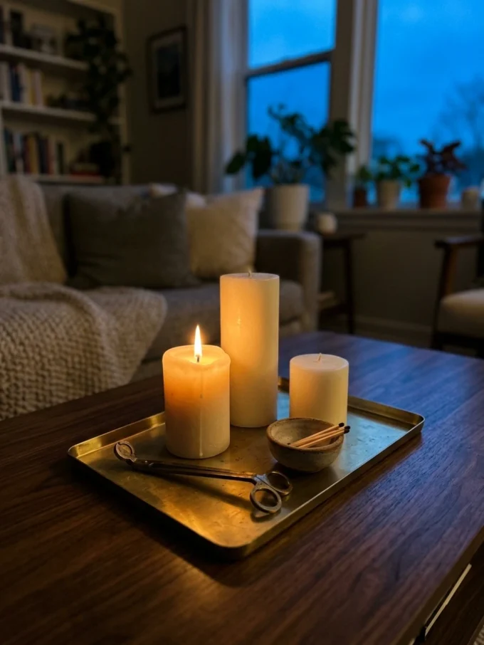 lit candles on a gold tray with a pair of scissors and matches