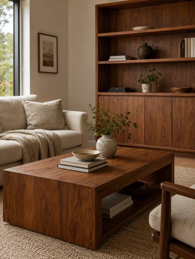 A wooden coffee table with books and a plant on it, in front of a beige couch and a large wooden bookshelf.