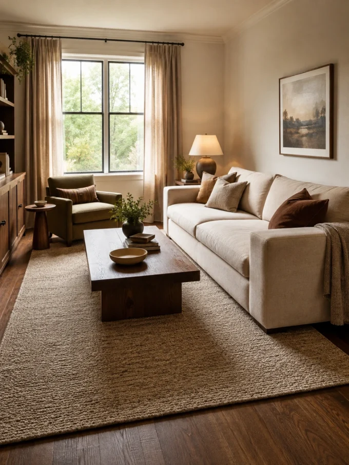 A large beige sofa with several pillows and a brown blanket sits on a textured beige rug beside a dark wood coffee table with a plant and bowls on top.