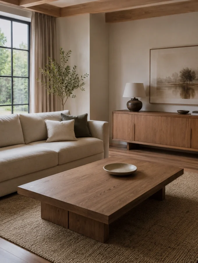 A beige sectional sofa with throw pillows, a wood coffee table with a bowl, and a wood credenza with a lamp and bowl.