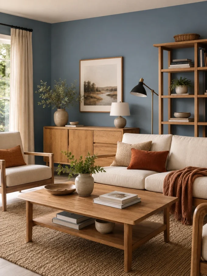 A beige sofa with orange pillows and a brown blanket sits beside a wooden coffee table and chair in a blue-walled living room.
