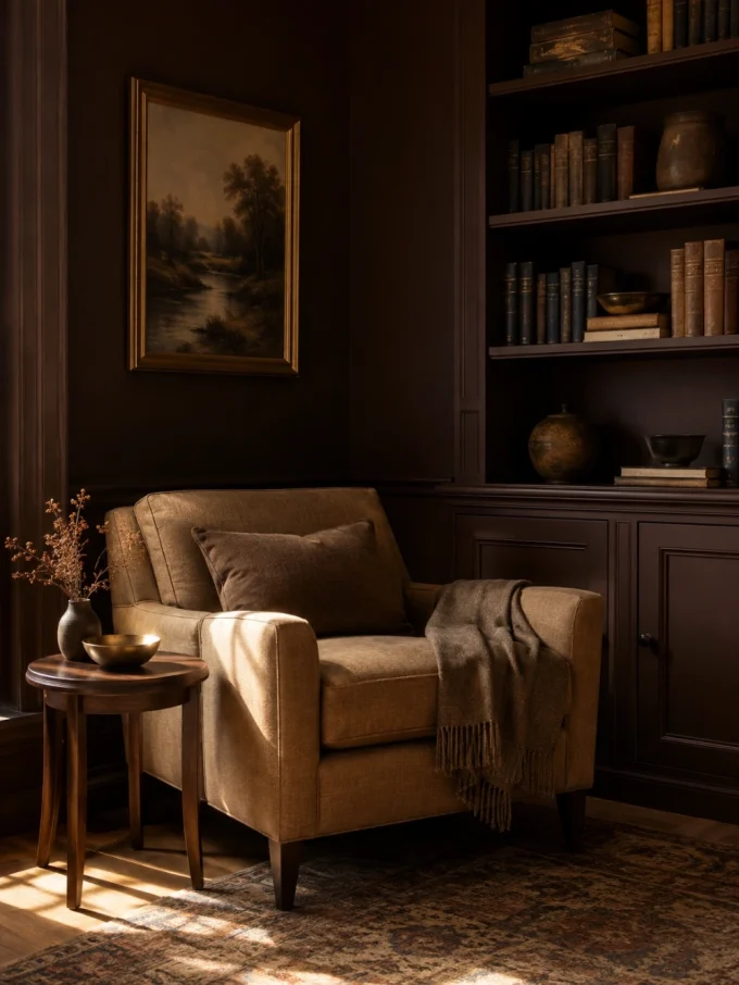A beige armchair with a throw blanket and pillow sits beside a small wooden table with a vase and bowl, in front of a dark brown bookshelf and painting.