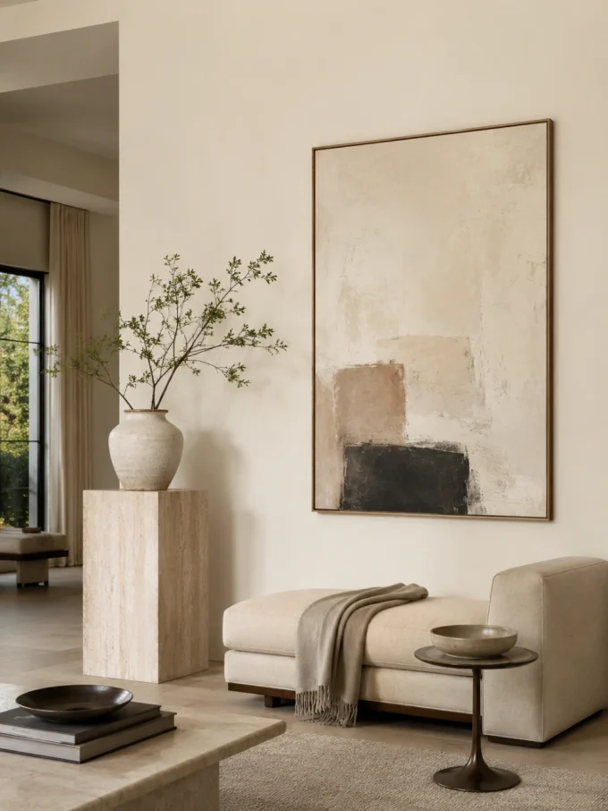A beige chaise lounge with a throw blanket, a small table, and a large abstract painting on the wall.