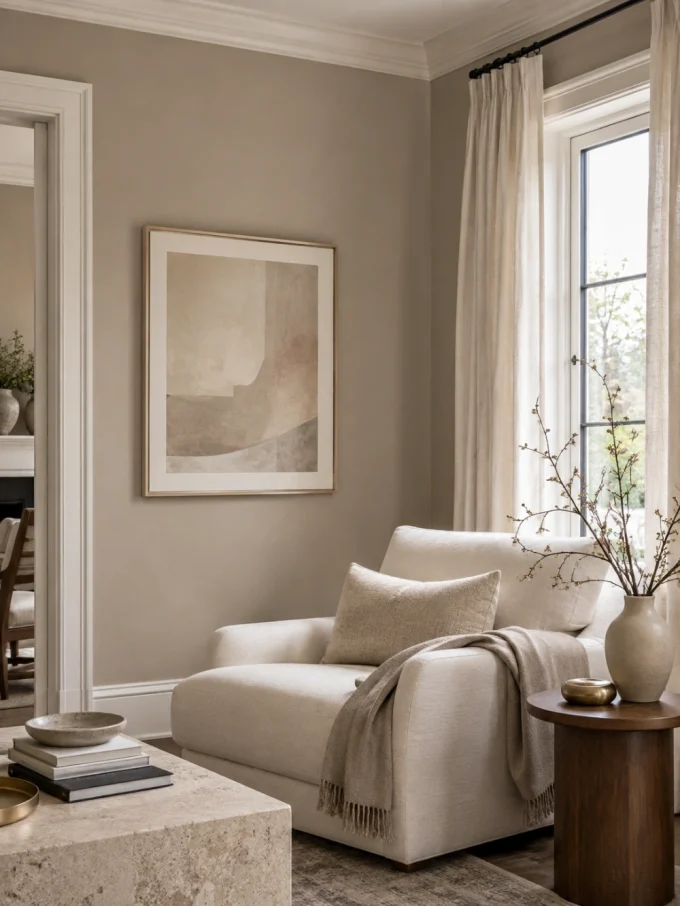A beige armchair with a throw blanket and pillow, beside a window with sheer curtains and a vase with branches on a side table.