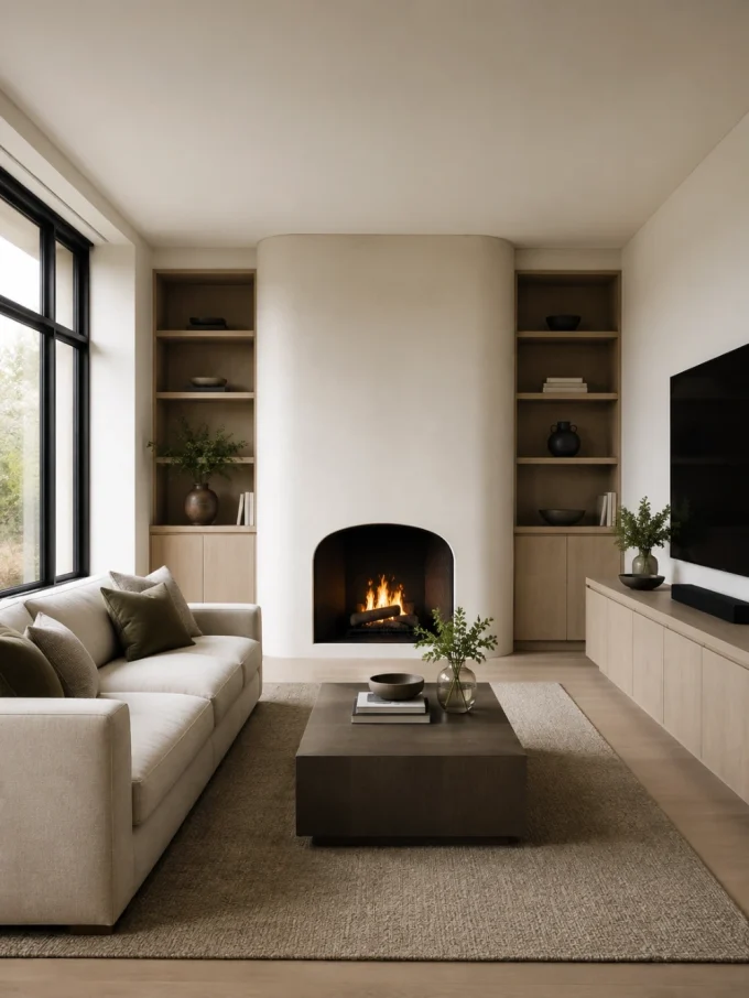 A rounded fireplace with a lit fire in a modern living room with a couch, coffee table, and TV.