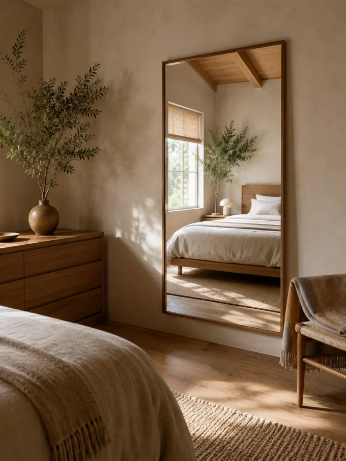 A large mirror reflects a bed and window in a Japandi-style bedroom.