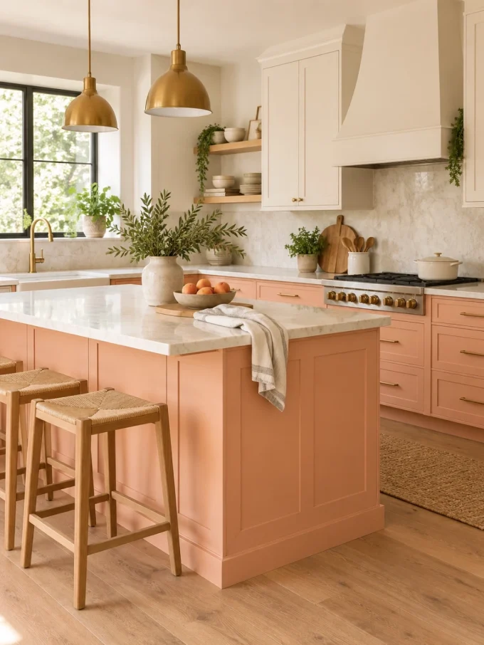 A peach-colored kitchen island with a white marble countertop, three wooden stools, and a bowl of peaches
