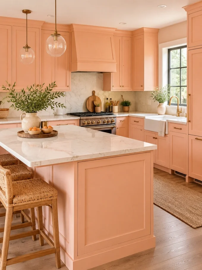 A kitchen with peach fuzz cabinets, white marble countertops, and simple gold hardware