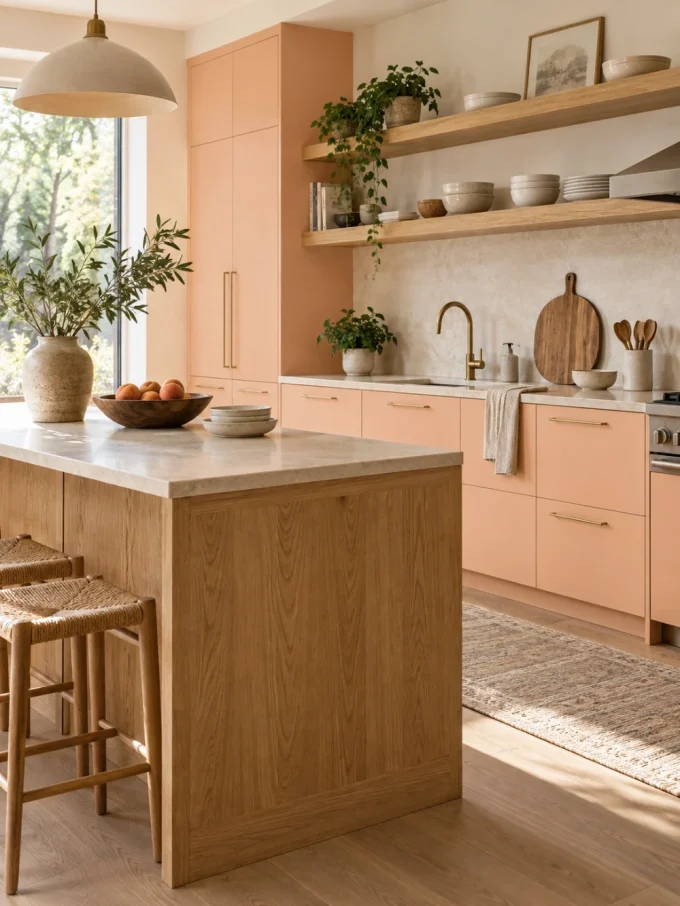 Peach fuzz lower cabinets with natural oak shelving and island
