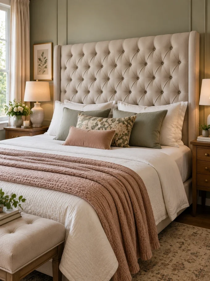 A beige tufted headboard with a classic diamond pattern behind a bed with white and green pillows, a pink blanket, and a wooden nightstand.
