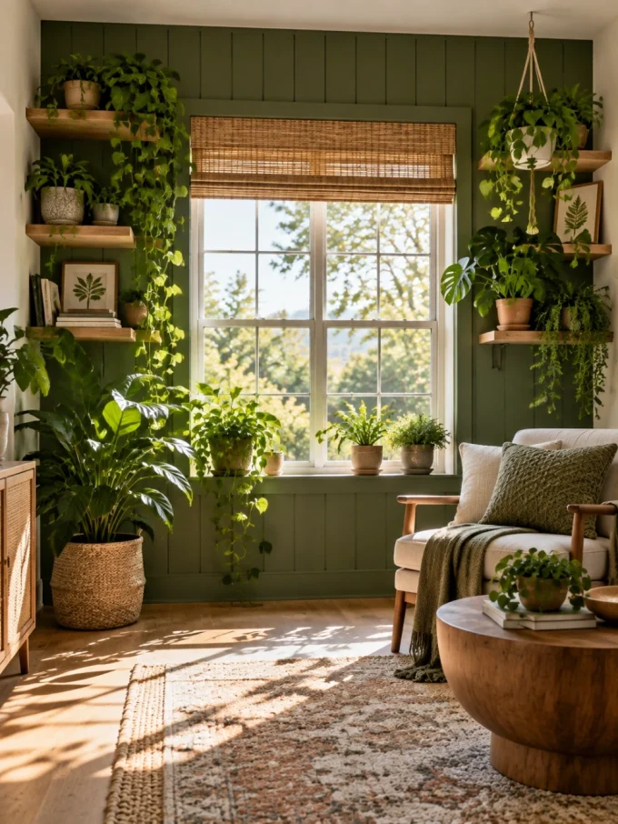 Accent wall with window with accent wall with plants around a window.