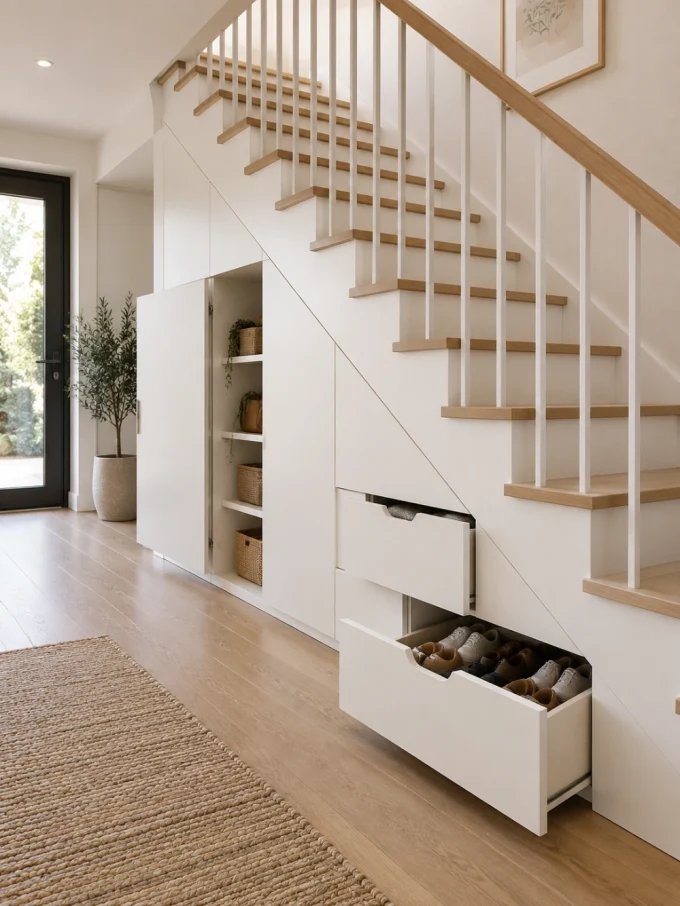 A minimalist white staircase with built-in shoe storage and cabinets underneath