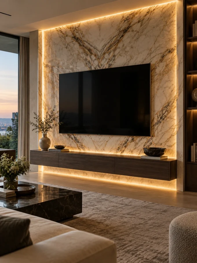 Backlit marble wall with TV and floating shelf