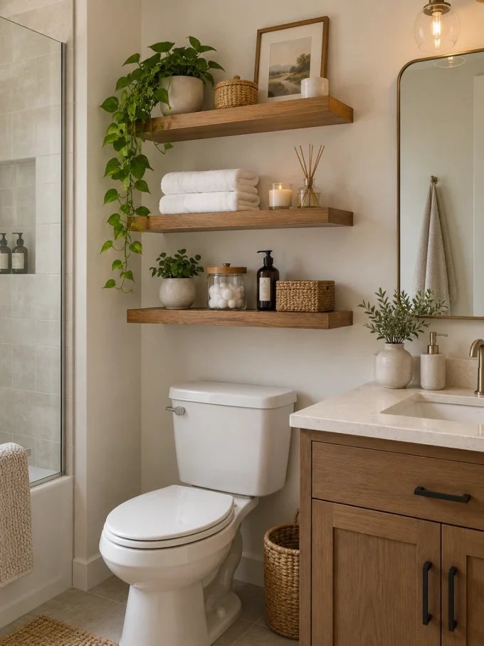 Bathroom with wooden floating shelves above toilet holding plants, towels, and toiletries