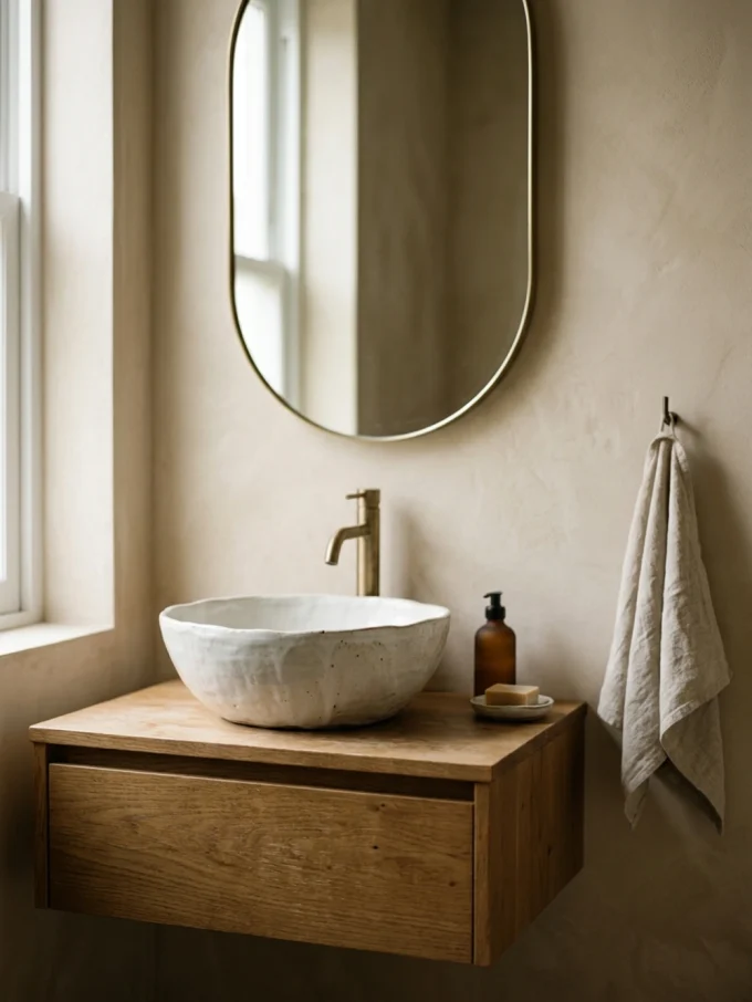 A rounded stone basin on a wooden vanity with a gold faucet and oval mirror