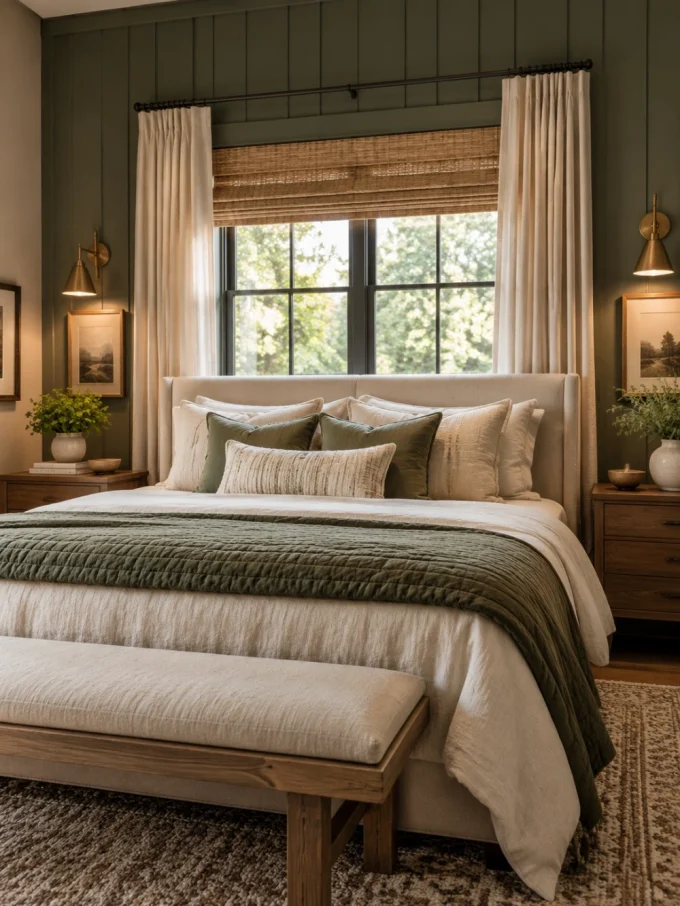 Bed with green blanket and pillows in front of window with curtains