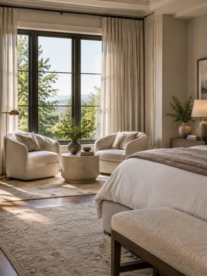 A sitting area with two white chairs and a small table in a bedroom with a large window.