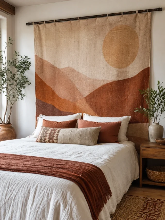 A large tapestry with abstract earth-toned landscape hangs above a bed with white comforter and throw pillows