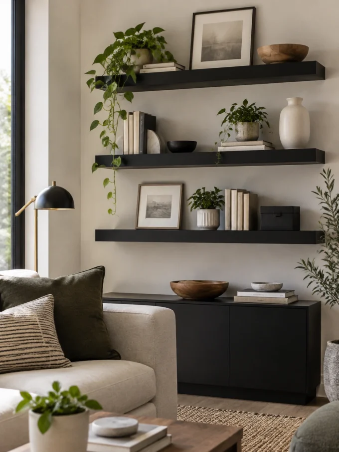Black floating shelves with plants, books, and decor on a white wall beside a couch