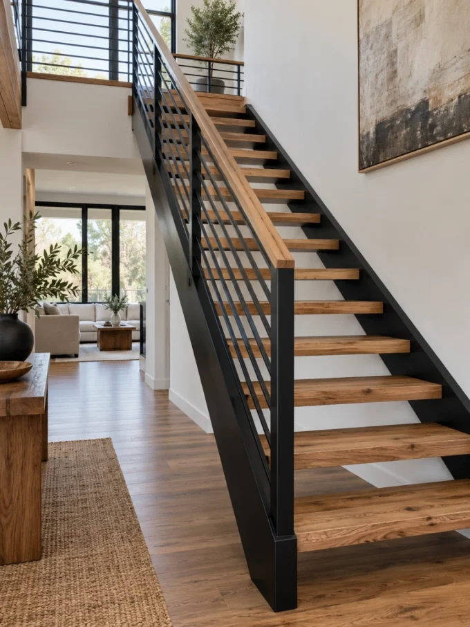 Modern stair with black metal staircase with wooden treads featuring natural wood furniture.