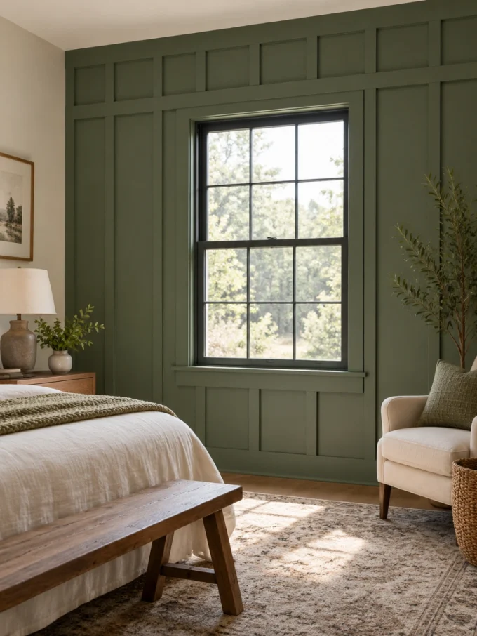 Accent wall with window with board and batten accent wall around a window.