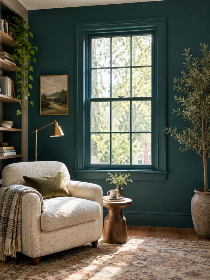 A white chair with a green pillow and throw blanket sits in front of a large window with dark green trim and a bold dark green accent wall.