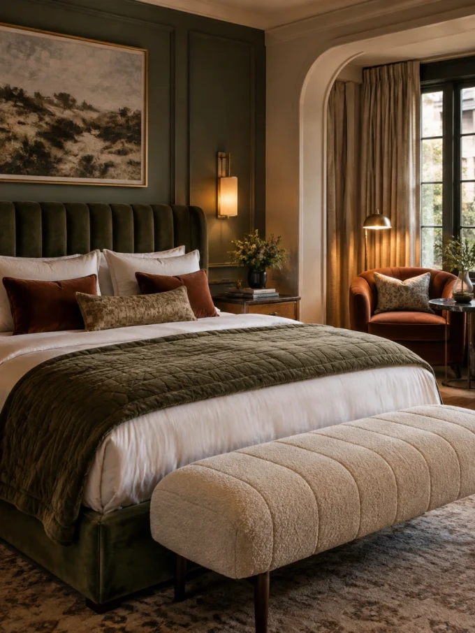 A luxurious bedroom with a green velvet bed, beige bench, and orange chair.