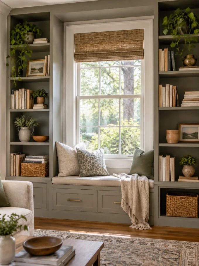 Accent wall with window with built-in shelves around a window accent wall.