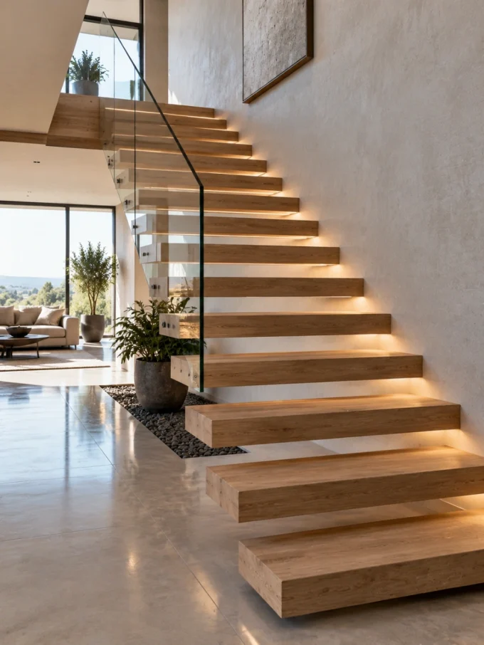 Cantilever staircase with wooden steps and glass railing