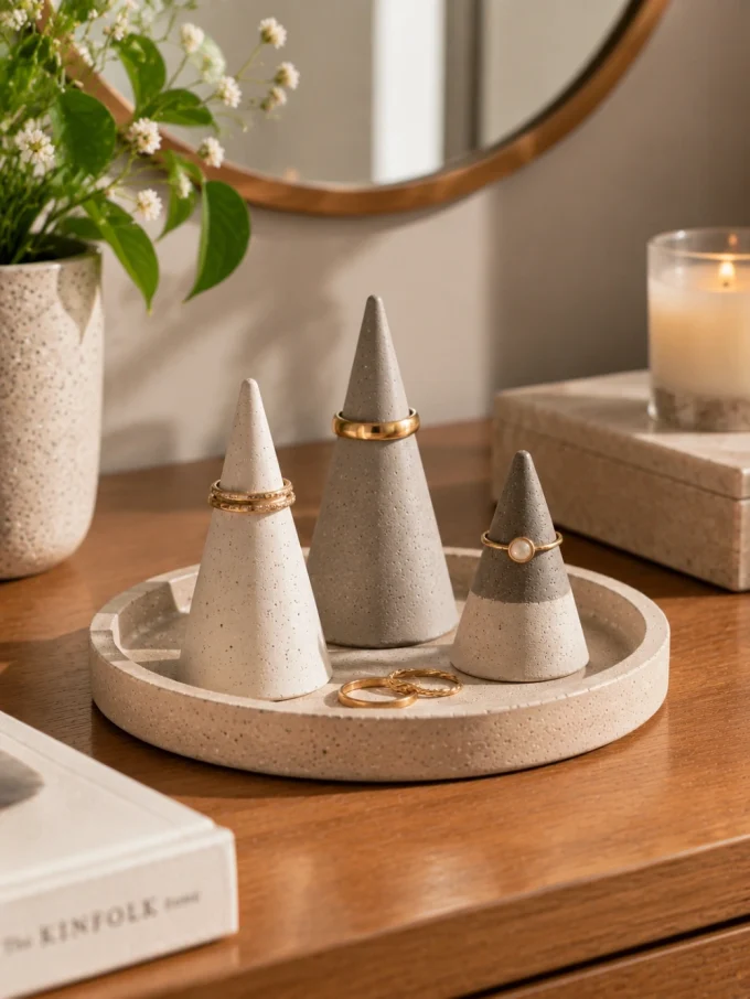 Three cone-shaped cement ring holders of different heights on a round tray, with gold rings on them.
