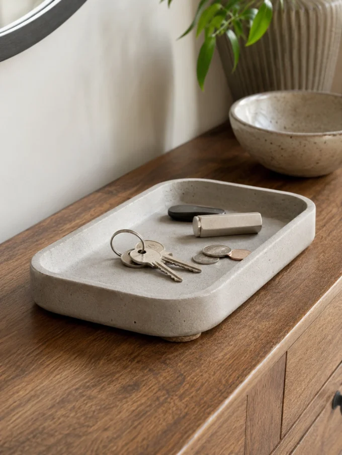 A rectangular gray cement tray holding keys, coins, and a tube on a wooden dresser.