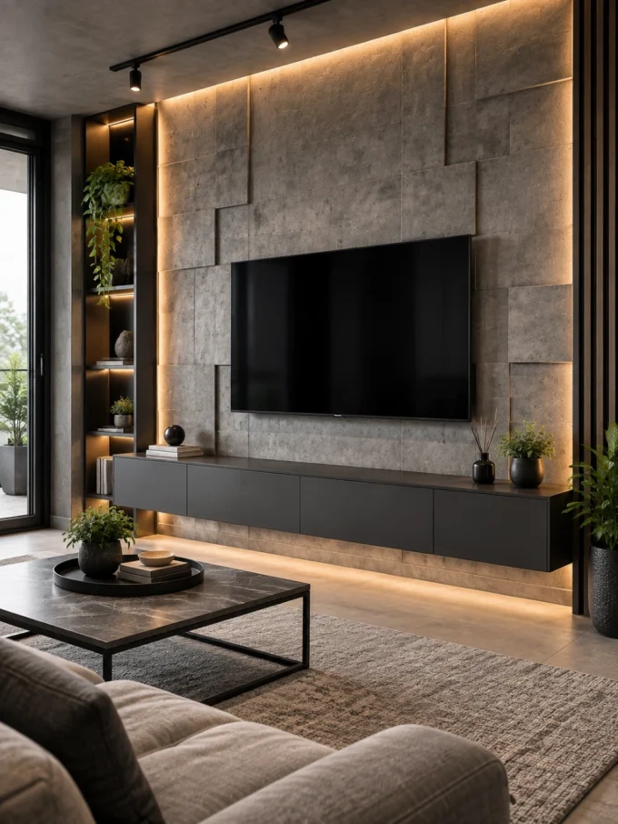 Unique 3d tv wall with concrete finish 3d tv wall.