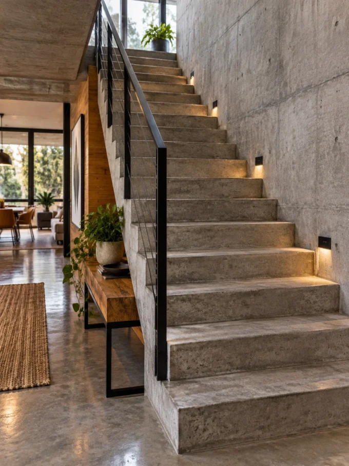 concrete staircase with black railing and small lights on the wall