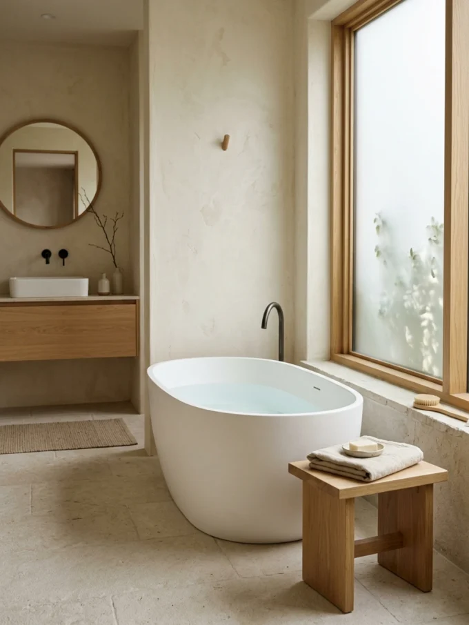 A freestanding oval tub with water, beside a wooden stool with a towel and soap, near a frosted window.