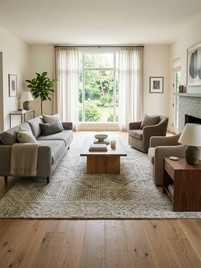 A large area rug in a living room with a sofa, two chairs, and a coffee table.