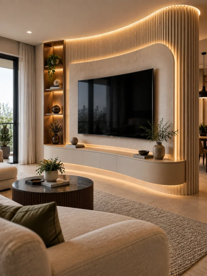 Curved TV wall with ambient lighting and decorative plants
