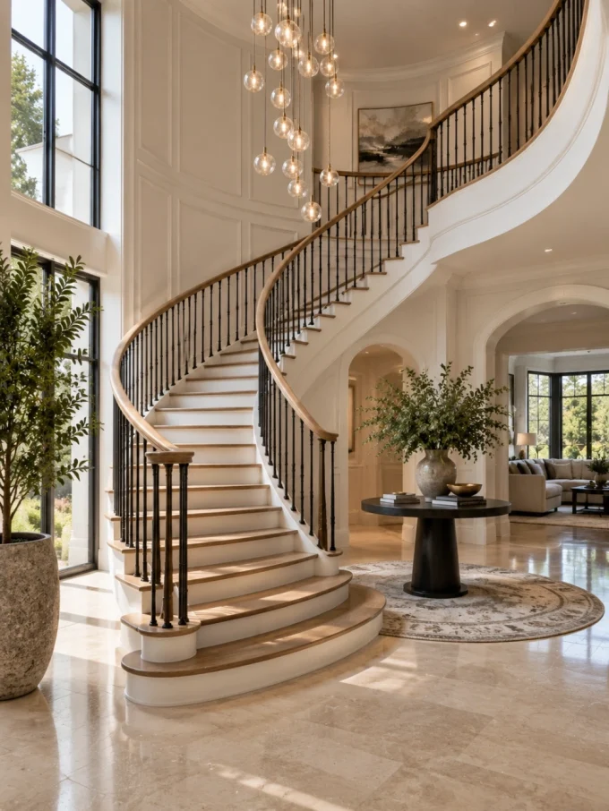 A curved staircase with wooden handrail and black metal balusters in a spacious entryway with marble floors and large windows.