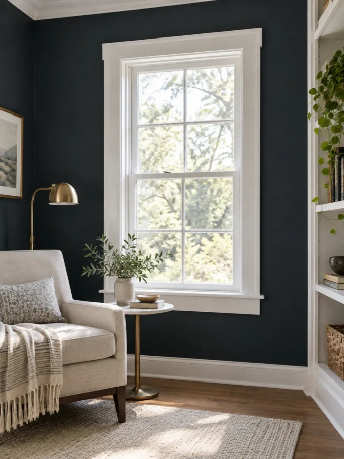 Accent wall with window with dark accent wall with a window trim.