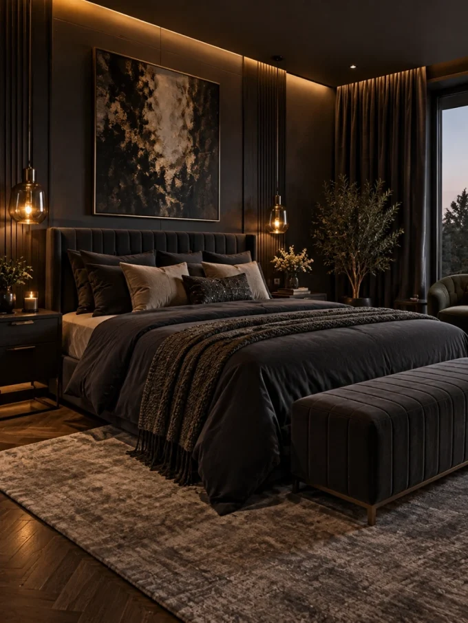 A dark moody bedroom with a large bed, bench, and artwork.