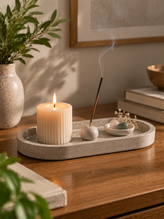 A lit candle, incense stick, small bowl with stones, and dried flowers on a concrete tray