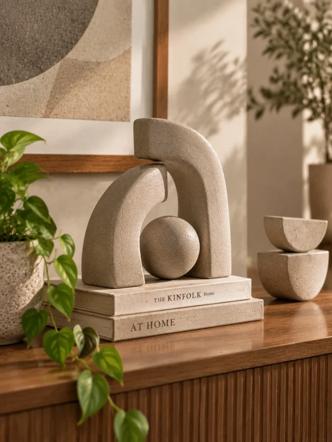 A cement sculptural object with an arch and sphere on two books