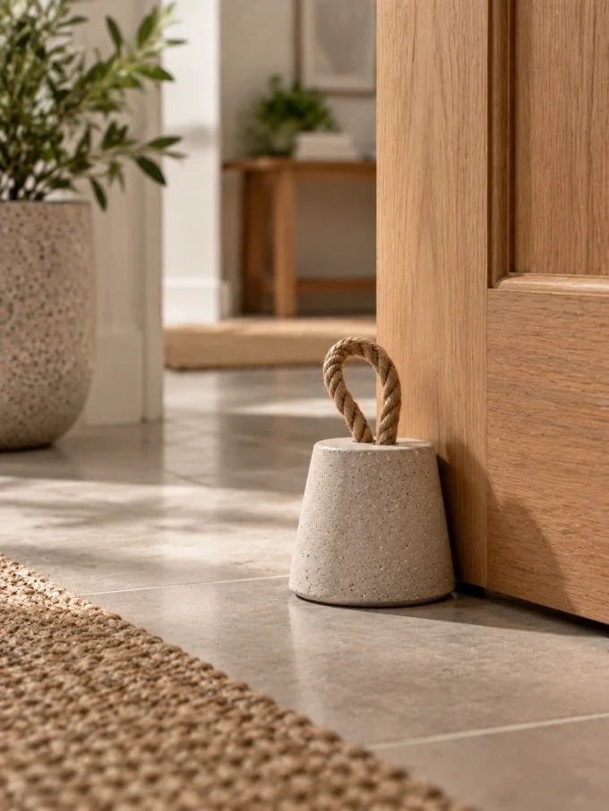 A small, speckled concrete doorstop with a braided rope handle sits at the base of a wooden door.