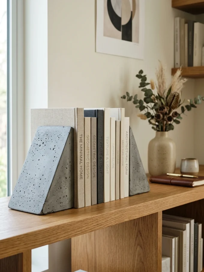 Concrete triangular bookends holding books on a wooden desk
