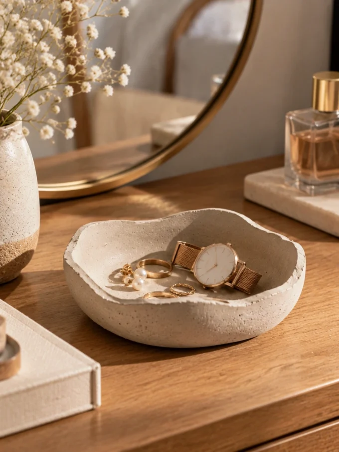 A small, irregularly shaped cement dish holds jewelry on a wooden dresser.