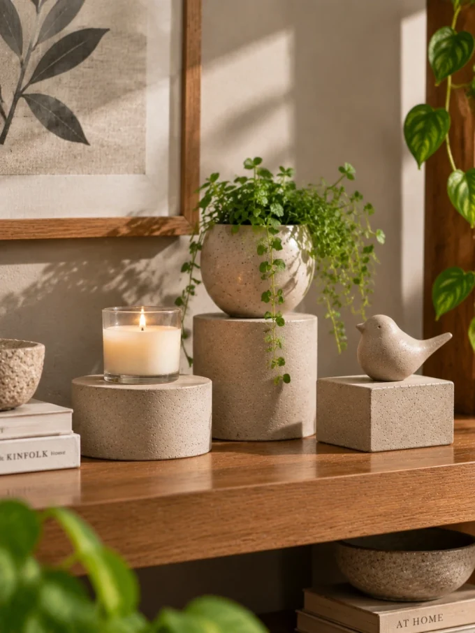 Cement mini pedestals with a plant, candle, and bird on a shelf
