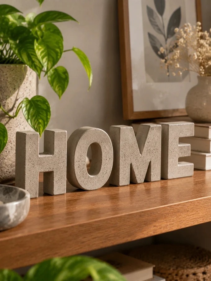 Cement letters spelling 'HOME' on a wooden shelf with plants and decor