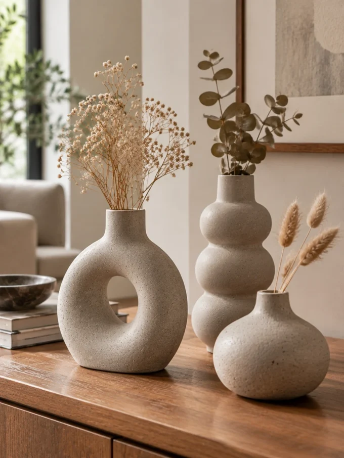 Three beige sculptural cement vases with dried flowers on a wooden sideboard